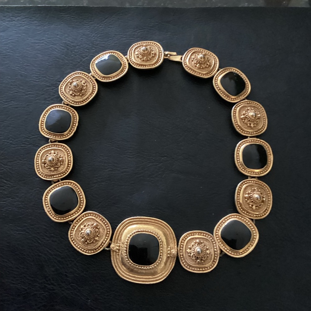 Vtg Byzantine Gold Tone Medallion Black Enamel collar Etruscan Necklace